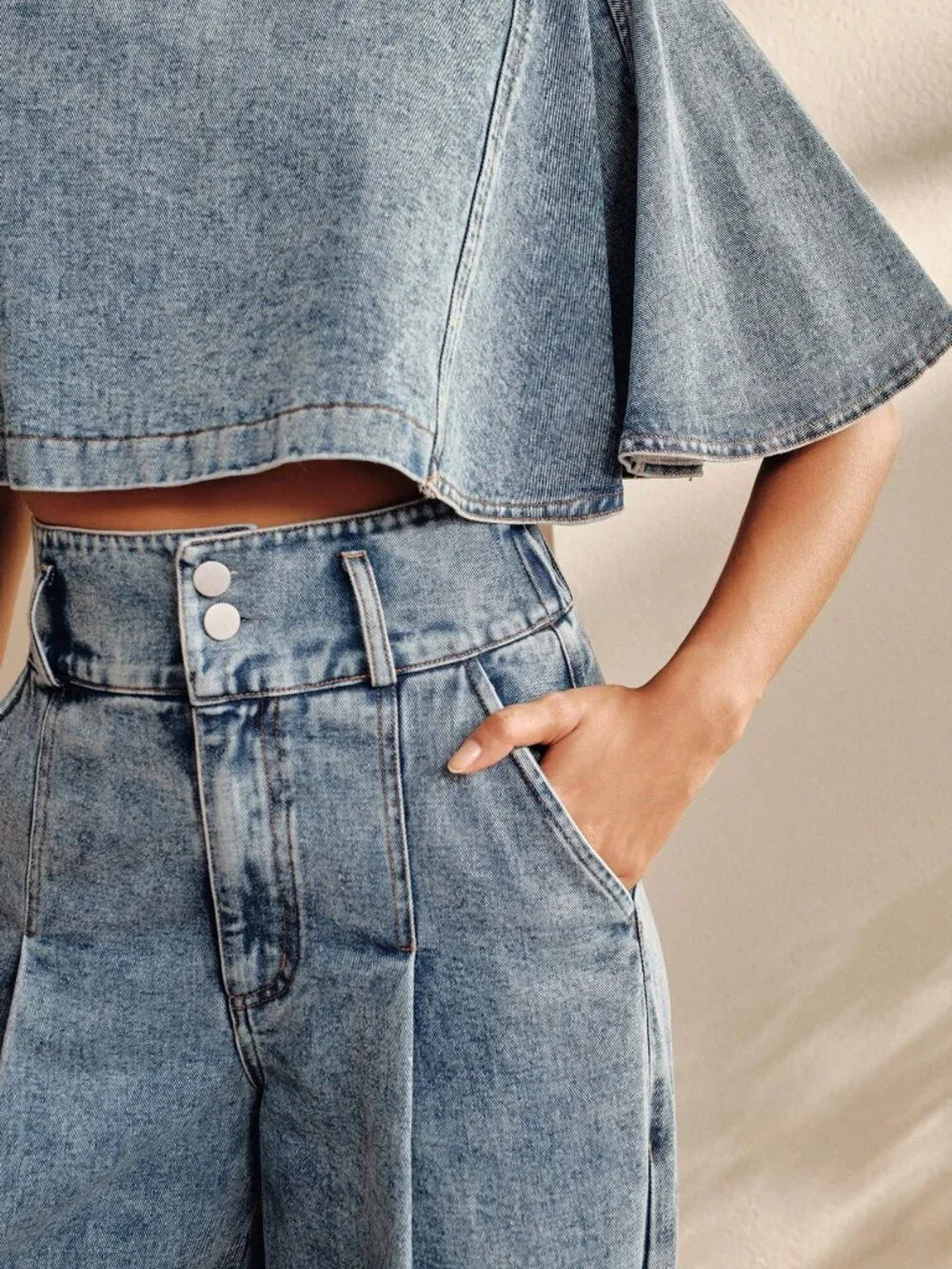 Blue Casual Women's Denim High Waist Wide Leg Pants & Short Sleeve Cape Set